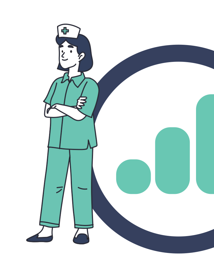 Woman nurse standing next to Google Analytics logo